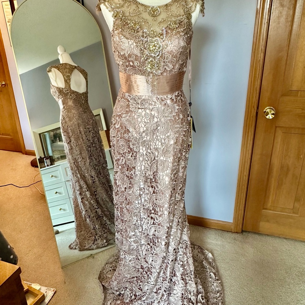 NWT Elegant Lace Gown with Beaded Details - Champagne